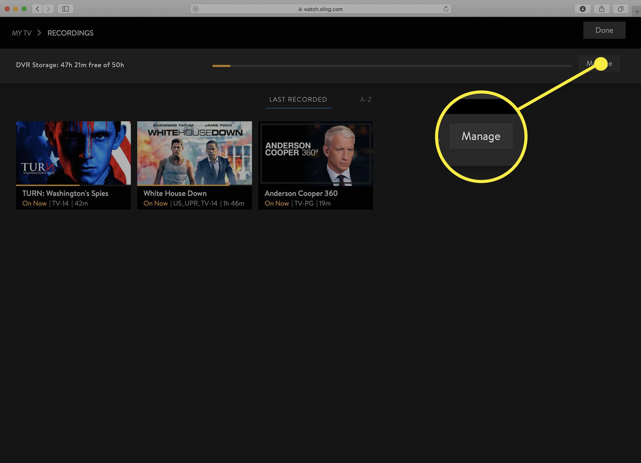 Screenshot van het scherm Sling TV Manage DVR.