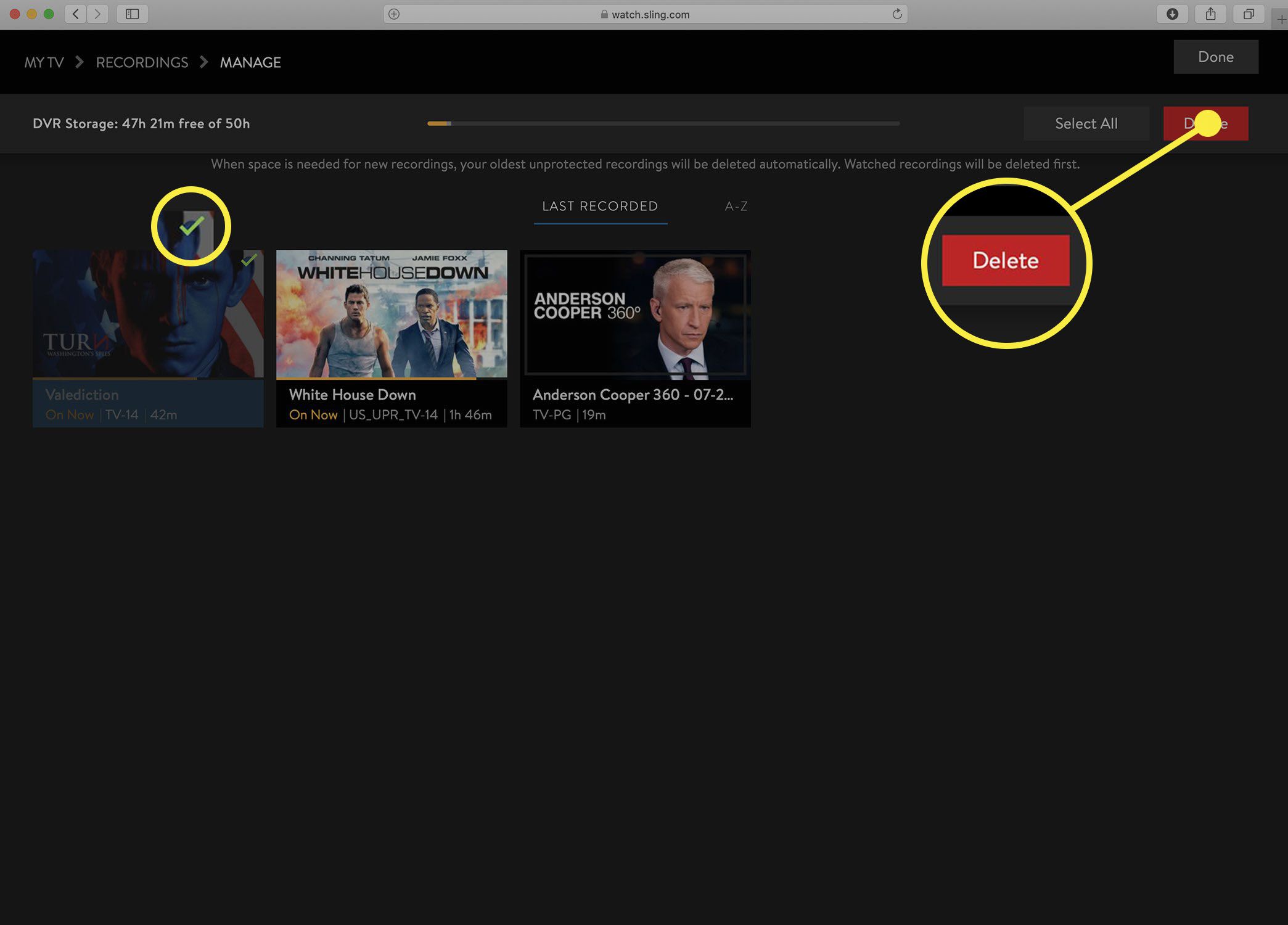 Screenshot van het scherm Sling TV Manage DVR met items die zijn gemarkeerd om te verwijderen.