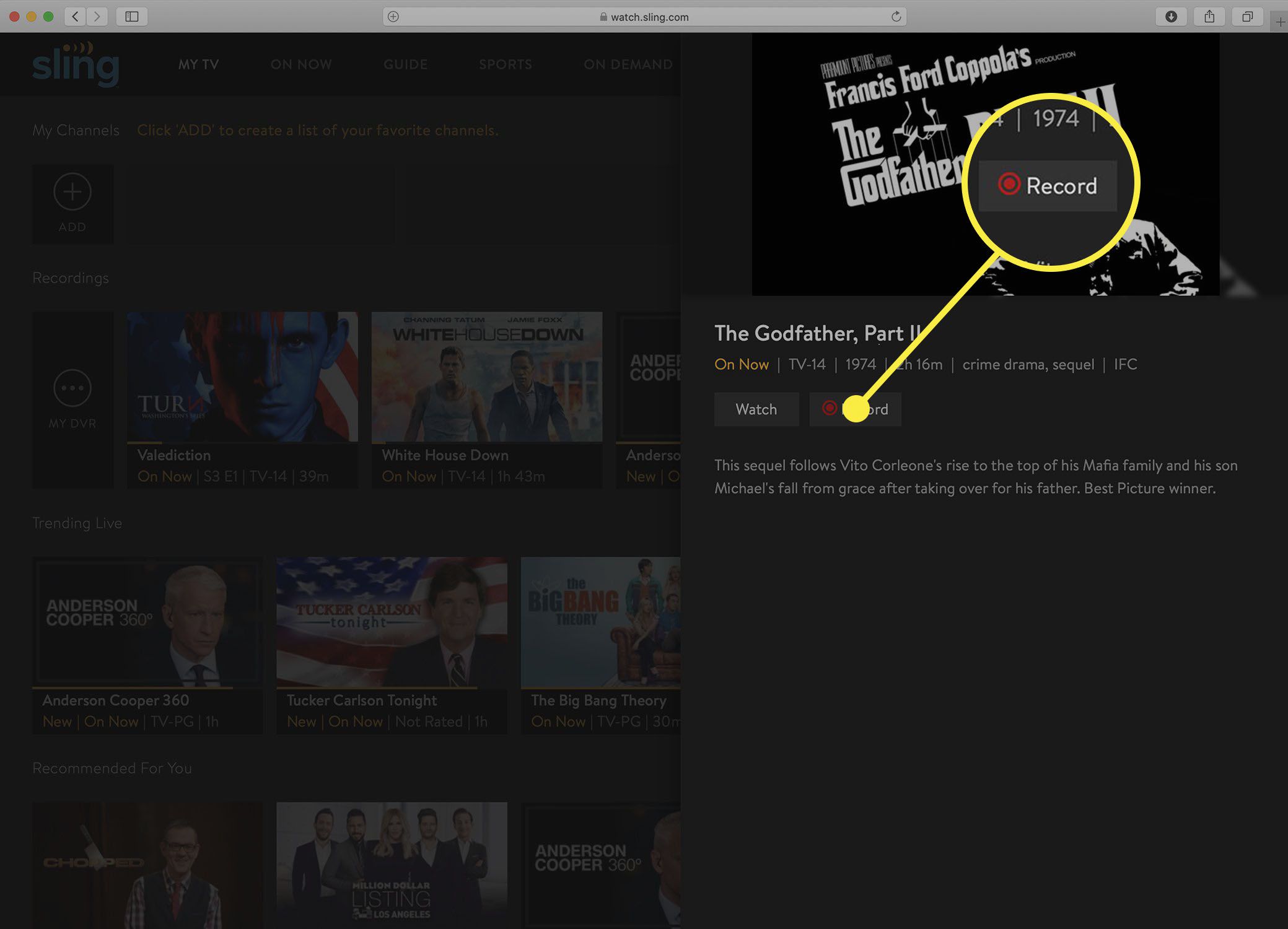 Screenshot van het informatiescherm van de Sling TV-show nadat een DVR-opname is gestopt.