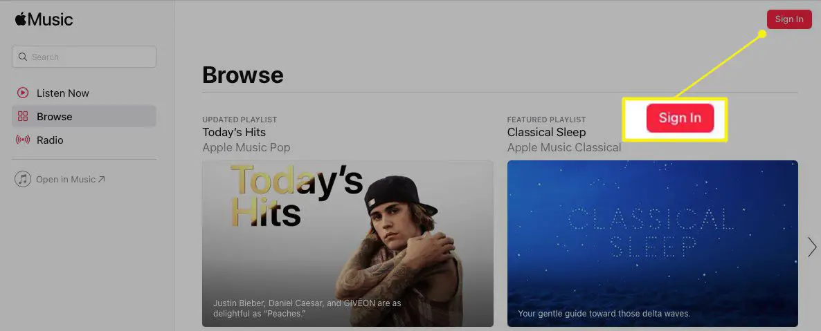 Apple Music-website met "Aanmelden" gemarkeerd