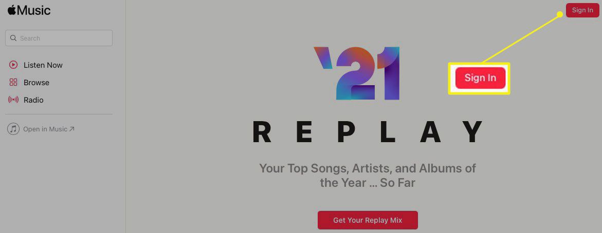 Apple Music Replay-site met "Aanmelden" gemarkeerd
