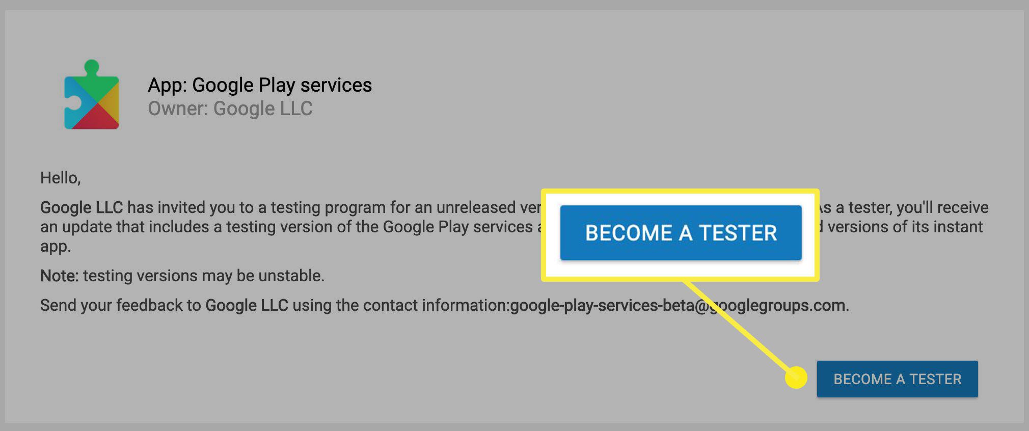 De knop om te klikken om het testprogramma in Google Play te openen.