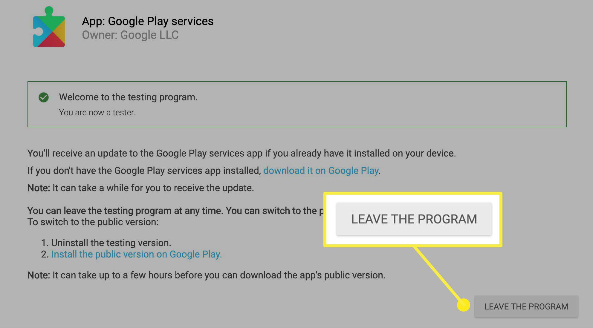 De knop om te klikken om het testprogramma in Google Play te verlaten.