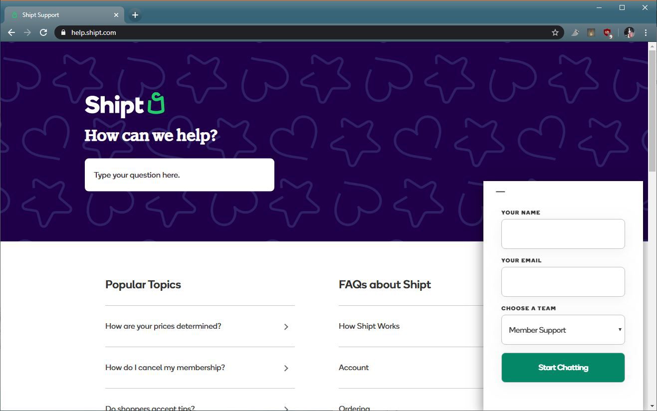 Een screenshot van Shipt support live chat.