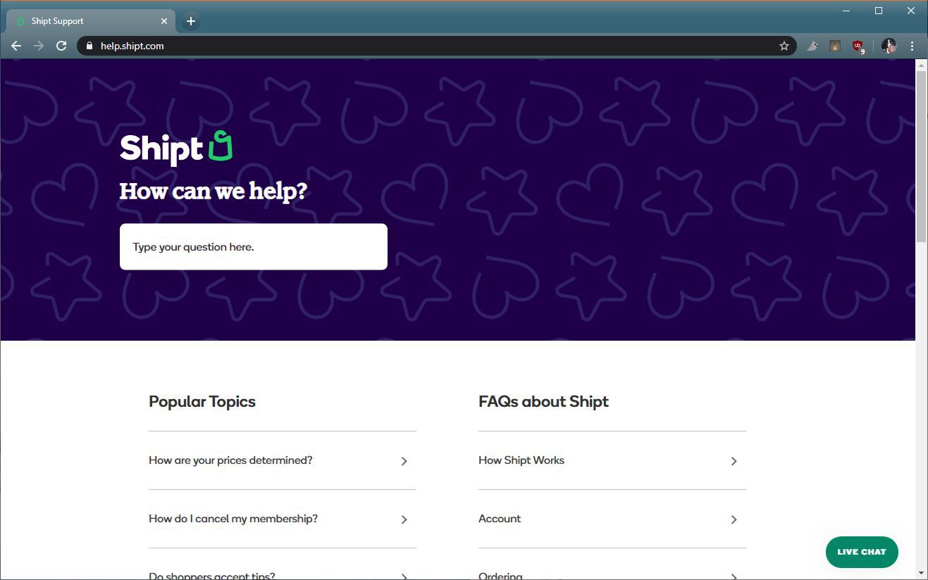 Een screenshot van de Shipt-helpwebsite.