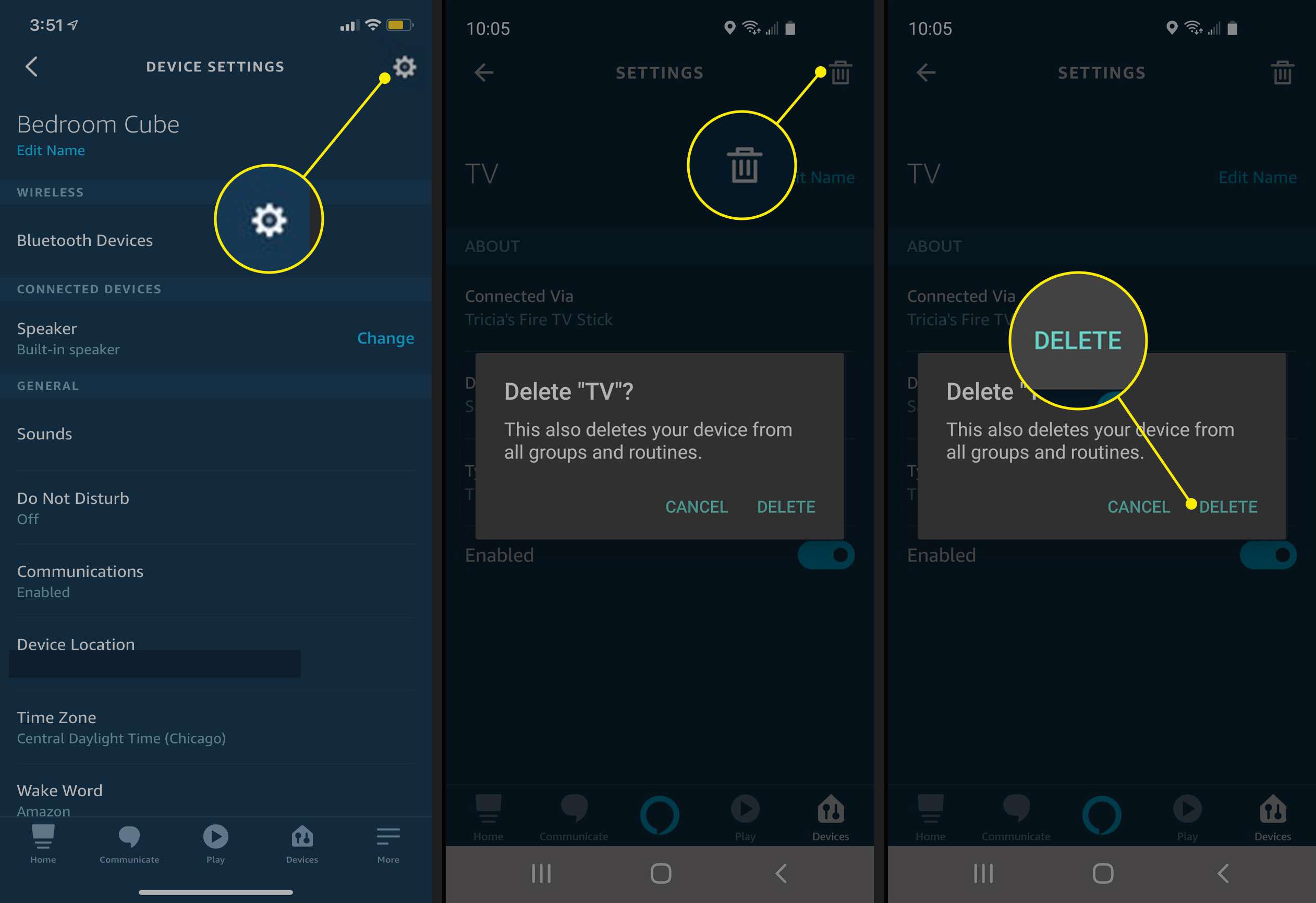 De knoppen Instellingen, Prullenbak en Verwijderen in de Alexa iOS-app