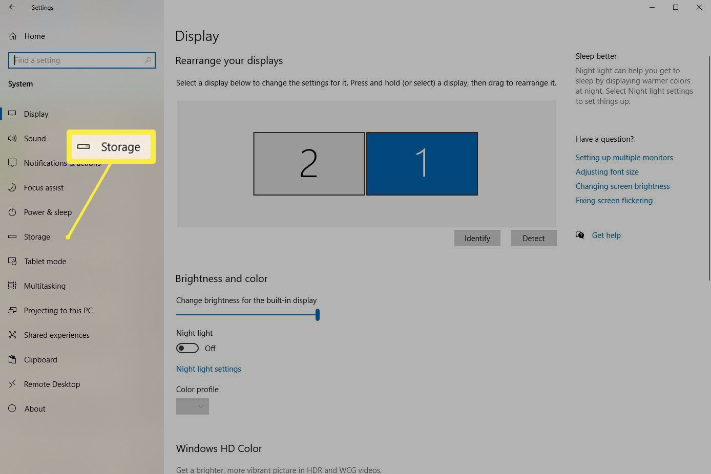 Schermafbeelding van opslaginstellingen in Windows 10.