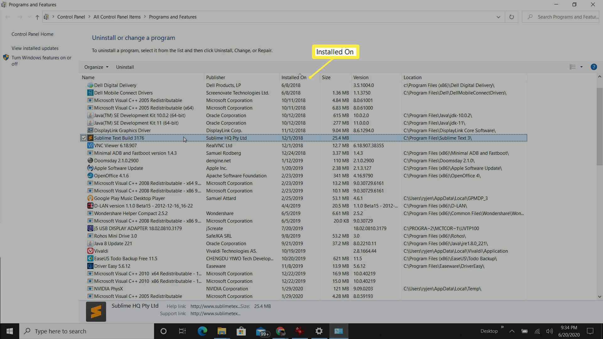 Screenshot van het verwijderen van programma's in Windows