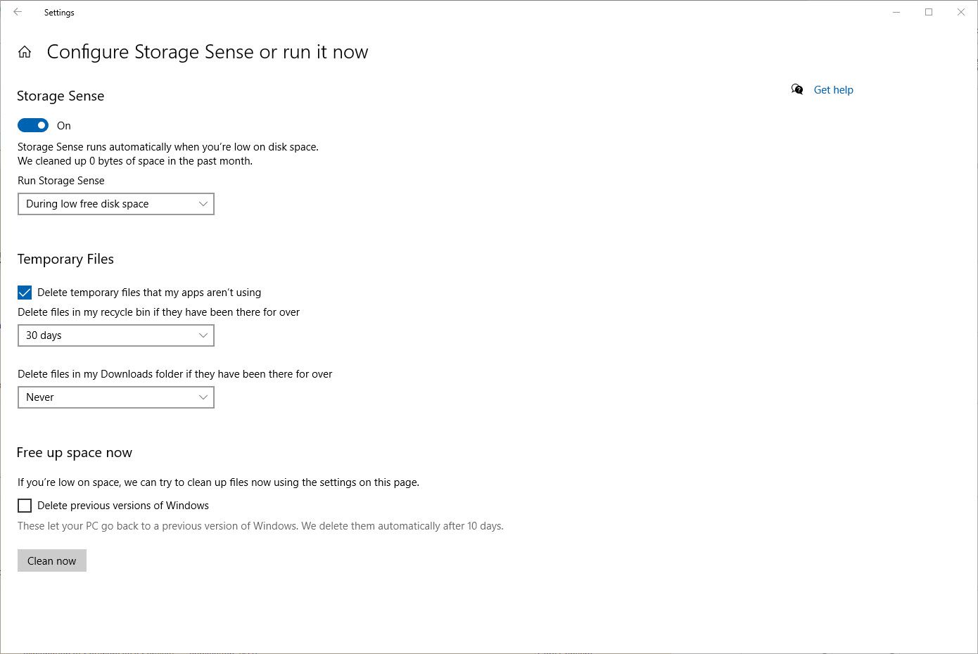 Screenshot van het instellen van Storage Sense