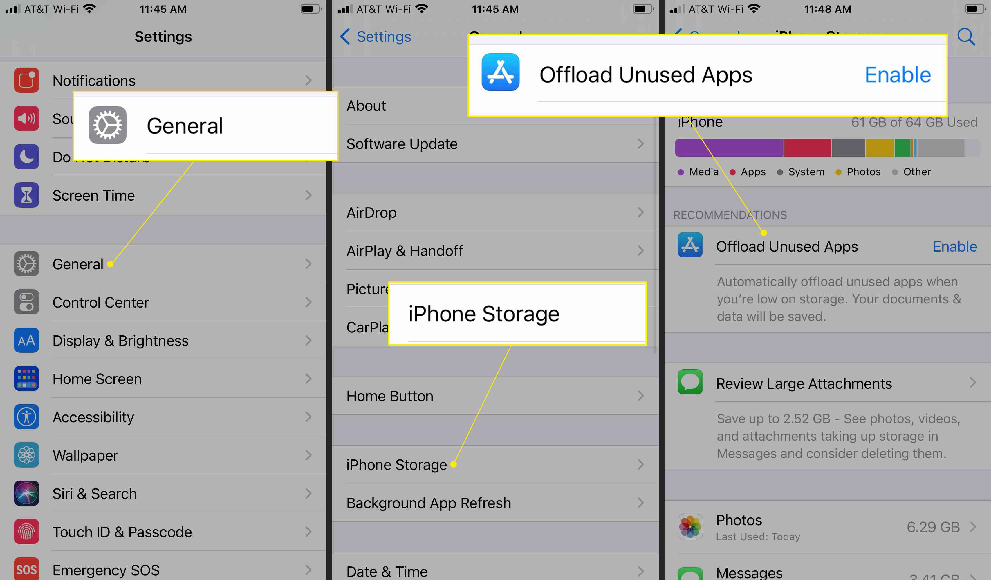 iPhone-instellingen met Algemeen, iPhone-opslag en "Offload ongebruikte apps" gemarkeerd