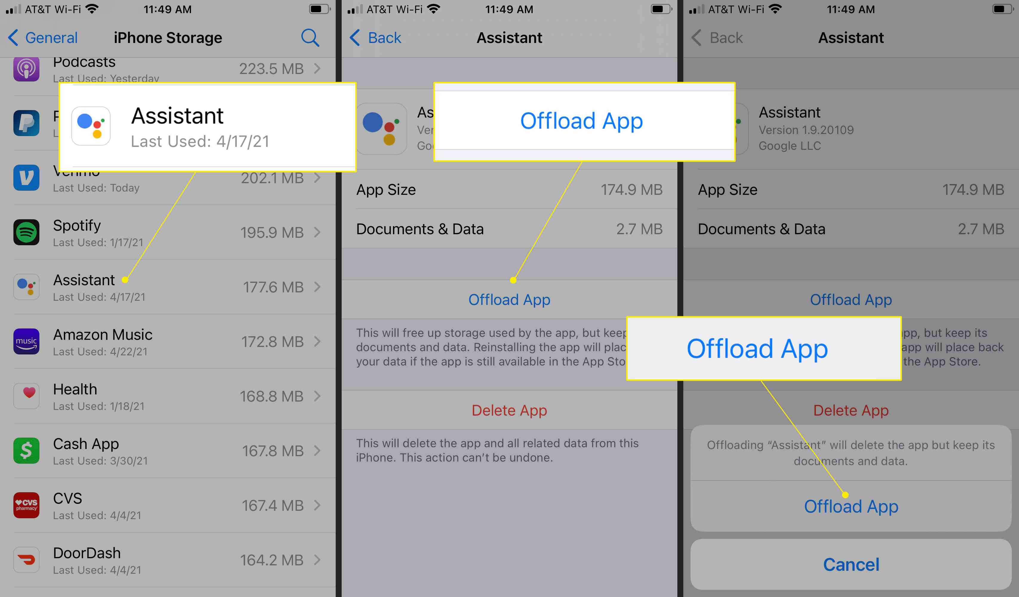 iPhone-instellingen met Assistent-app gemarkeerd en vervolgens Offload-app gemarkeerd