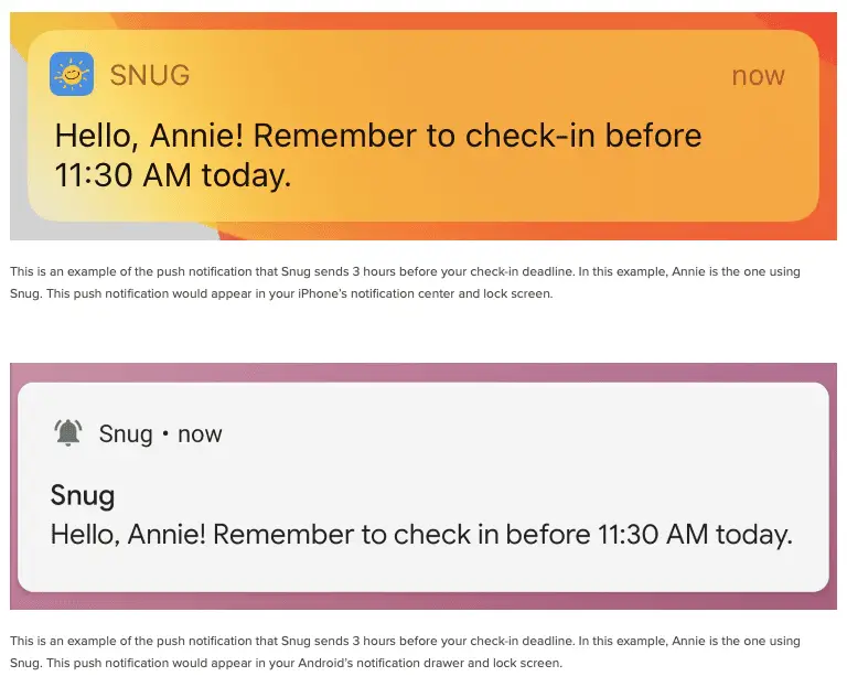 Screenshots van de Snug-app.