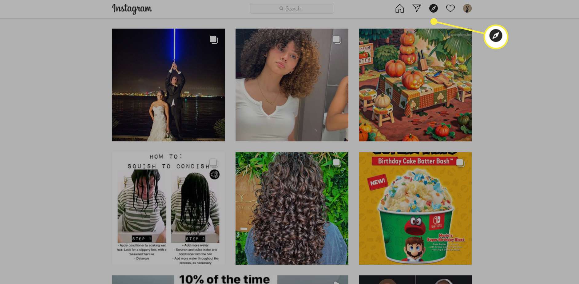 Selecteer het kompaspictogram om toegang te krijgen tot Instagram's Explore-pagina.