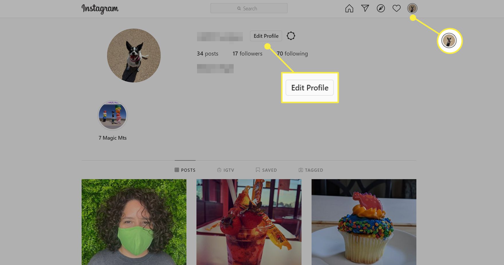 Je vindt de knop Profiel bewerken op de profielpagina van je Instagram.
