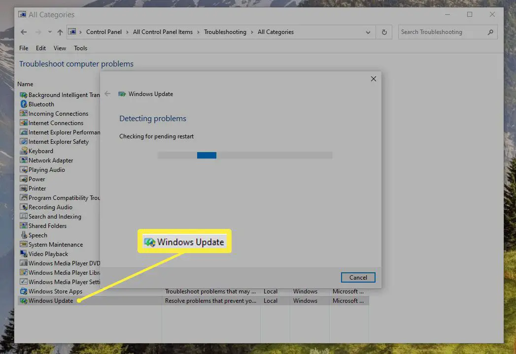 Probleemoplosser voor Windows Update die wordt uitgevoerd in Windows 10.