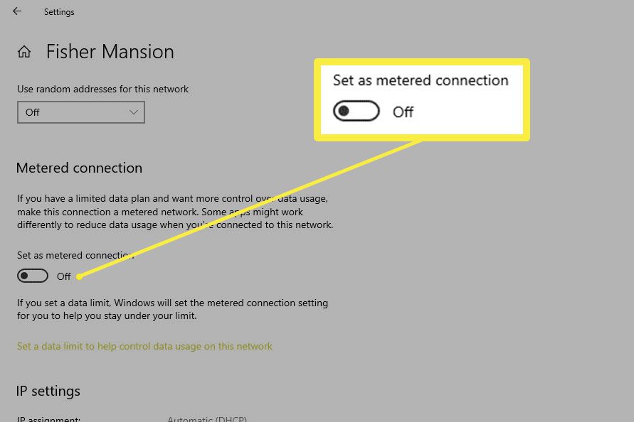 Screenshot van de Windows 10 gemeten verbindingsinstellingen.