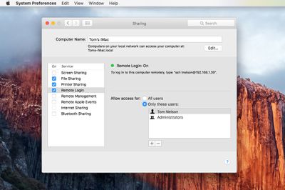 Remote Login - Deelvenster Voorkeuren delen in macOS