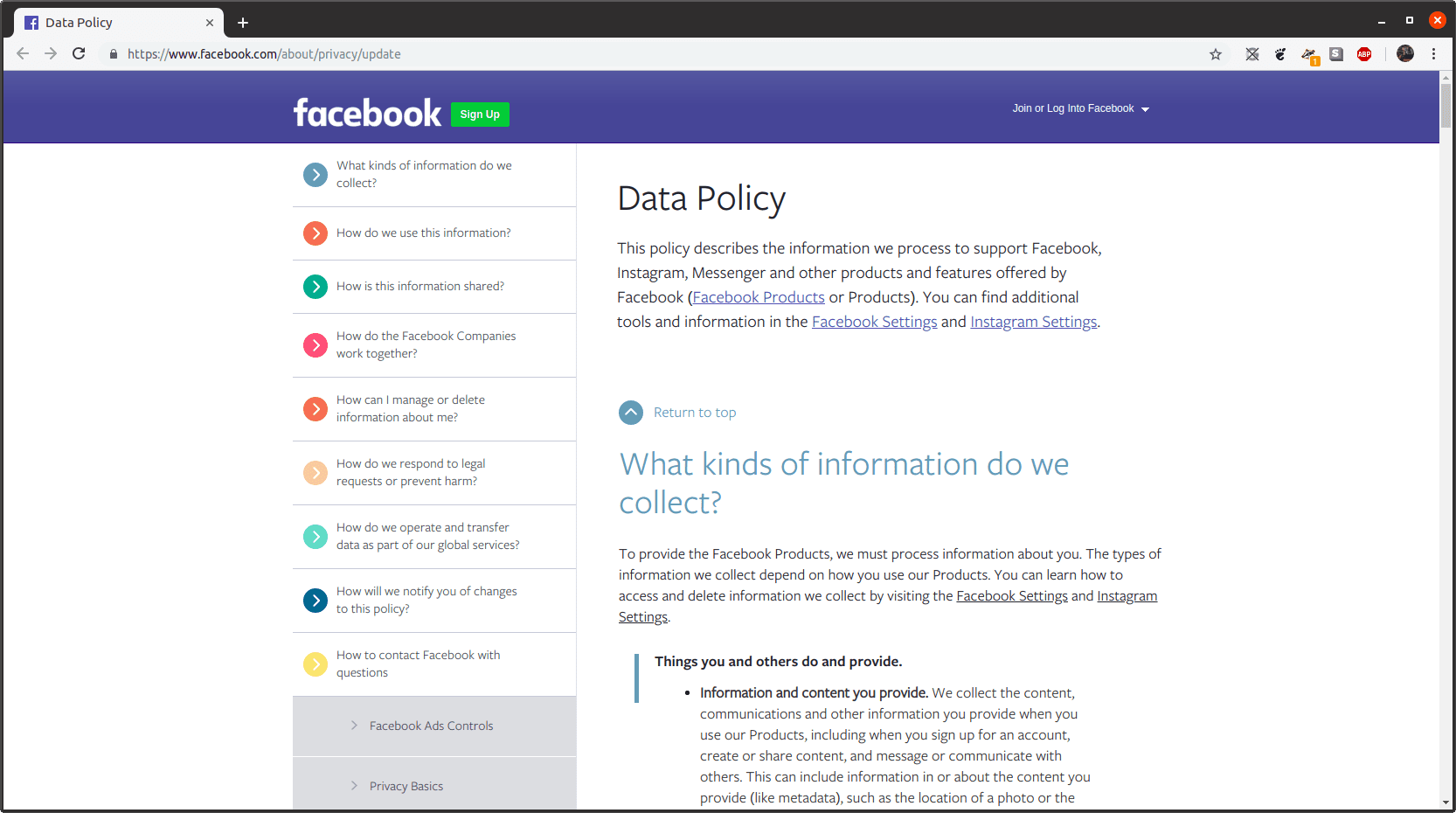 De webpagina over het gegevensbeleid van Facebook