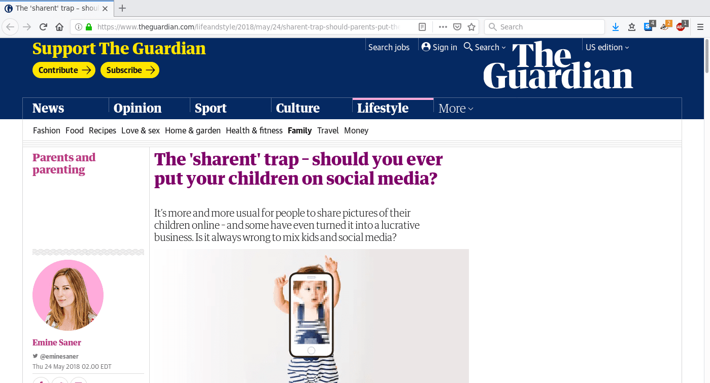 Artikel op theguardian.com over de ethiek van het plaatsen van foto's van je kind op sociale media.