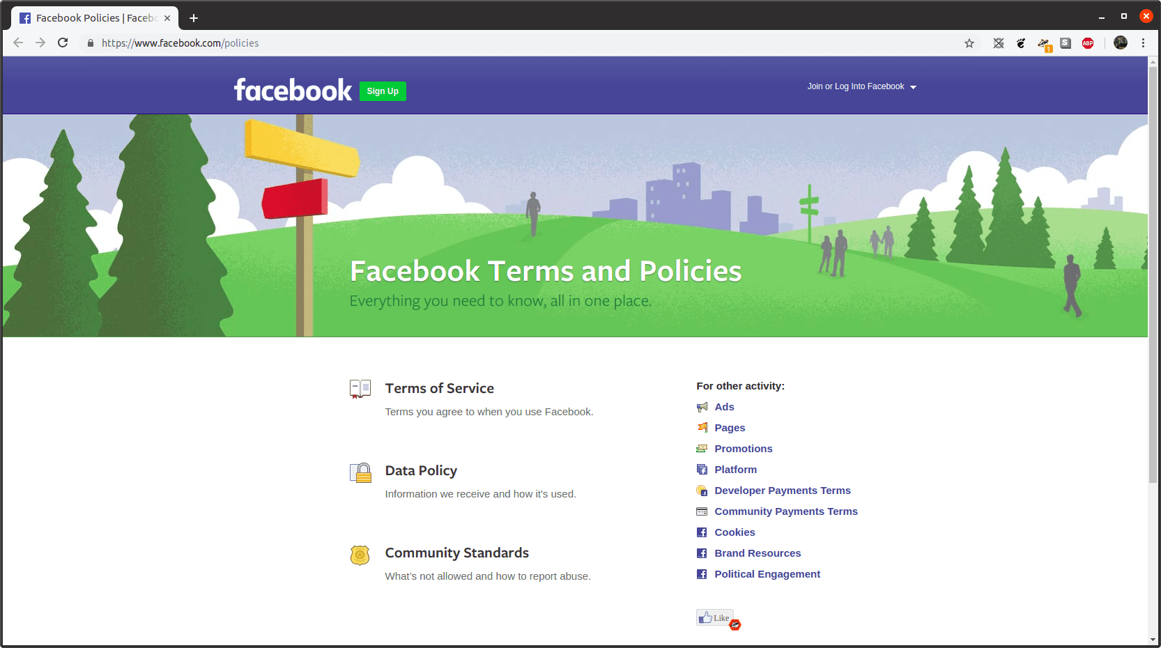 De webpagina met voorwaarden en beleid van Facebook