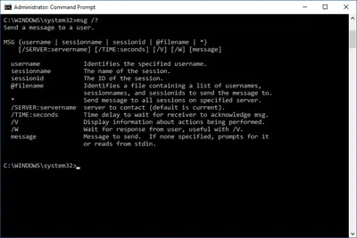 Screenshot van de MSG help-opdracht in Windows 10
