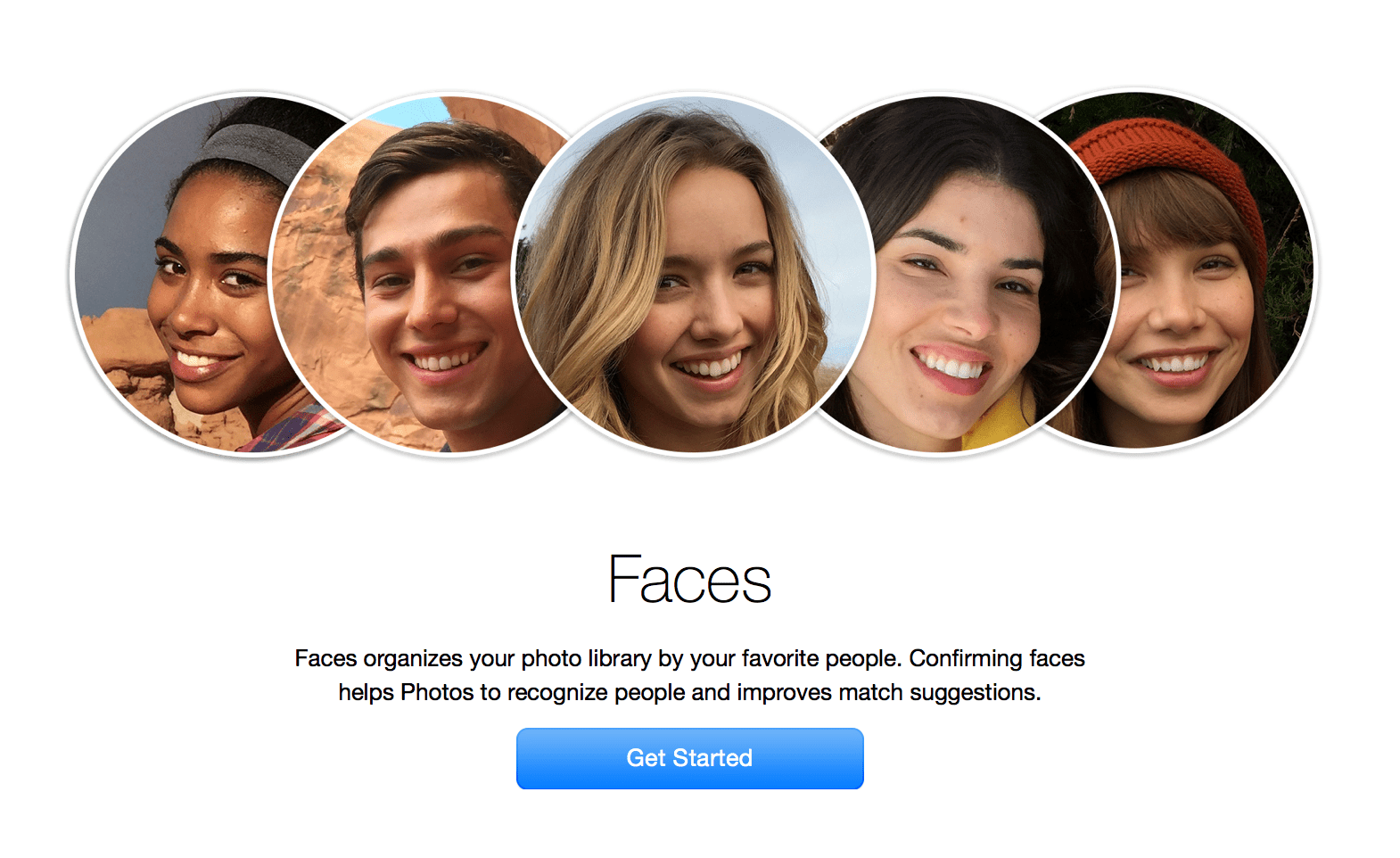 Een screenshot van de Faces-pagina voor gezichtsherkenning.