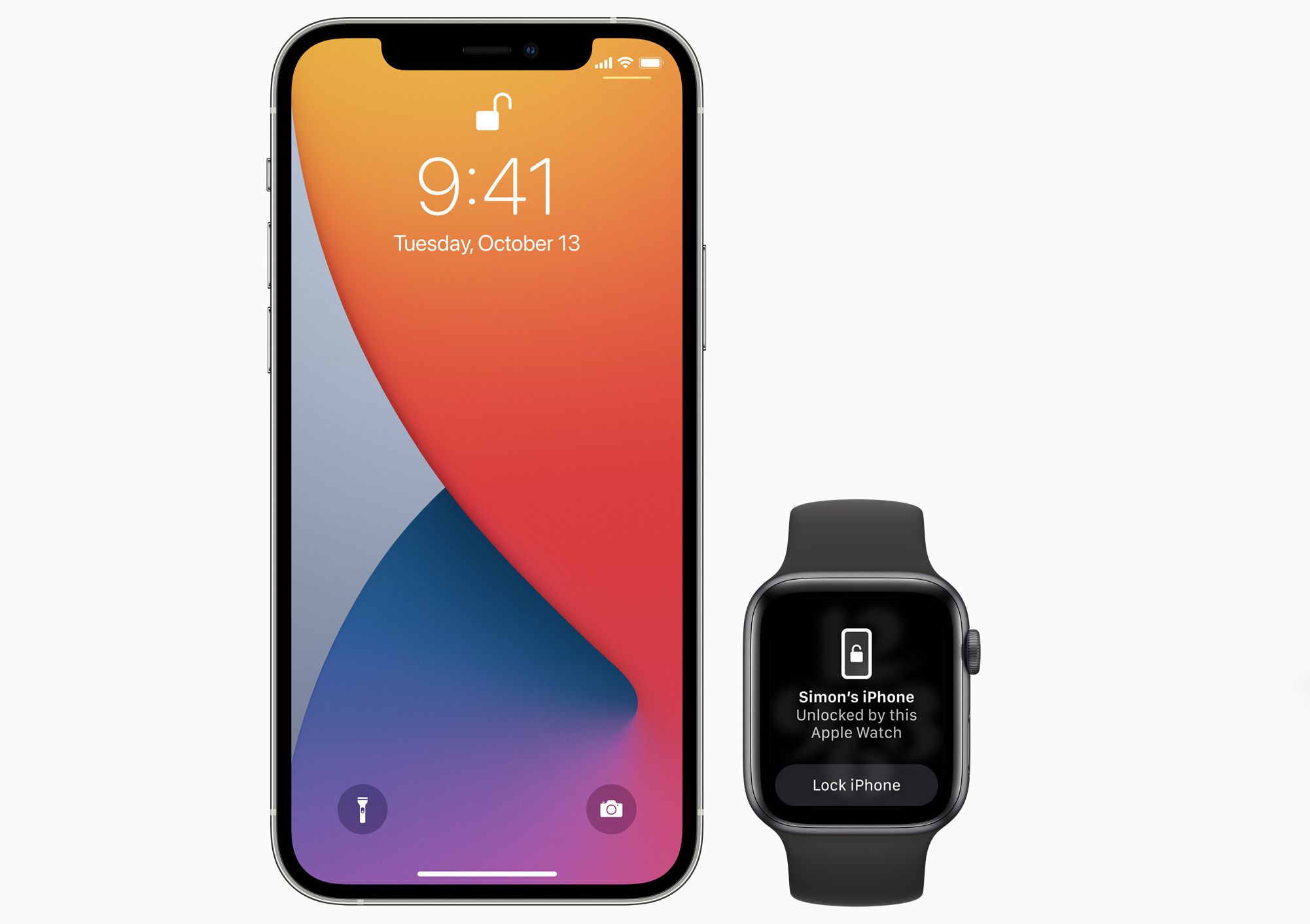 Een iPhone en een Apple Watch die de functie ontgrendelen met horloge demonstreren die wordt gebruikt om een ​​iPhone te ontgrendelen terwijl ze een masker dragen.
