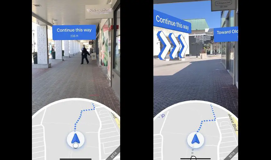 Screenshots van de Google Maps-app met routebeschrijvingen binnenshuis.