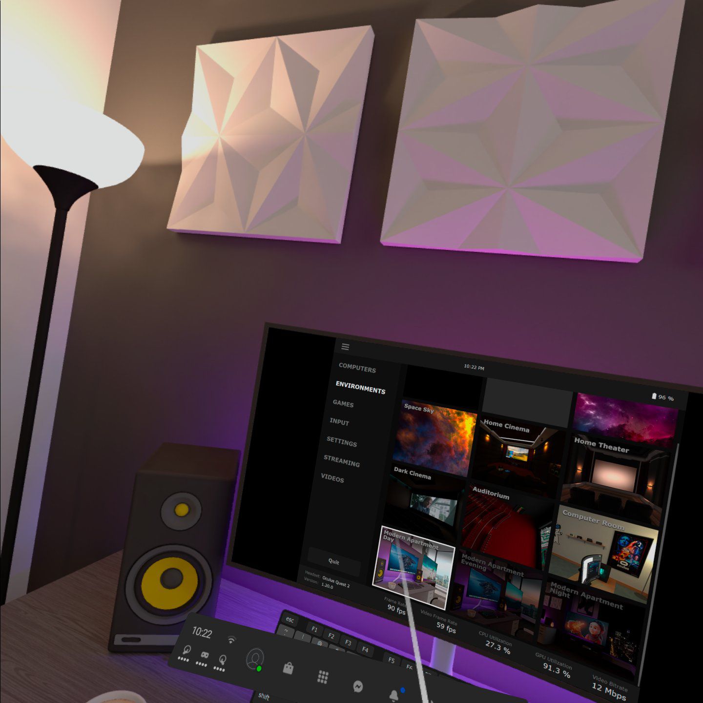 Screenshot van een virtueel kantoor in de Virtual Desktop-app voor Oculus 2.