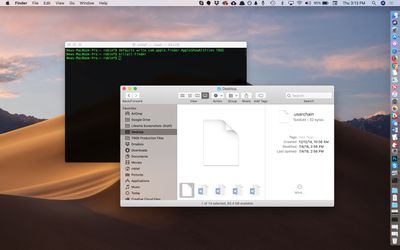 macOS Terminal met verborgen bestanden in een Finder-venster bovenop