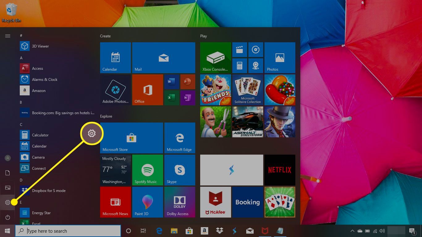 Startmenu in Windows 10 met de knop Instellingen gemarkeerd