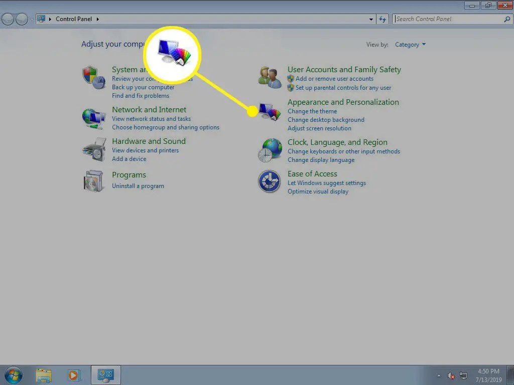 Configuratiescherm van Windows met de optie Vormgeving en personalisatie gemarkeerd