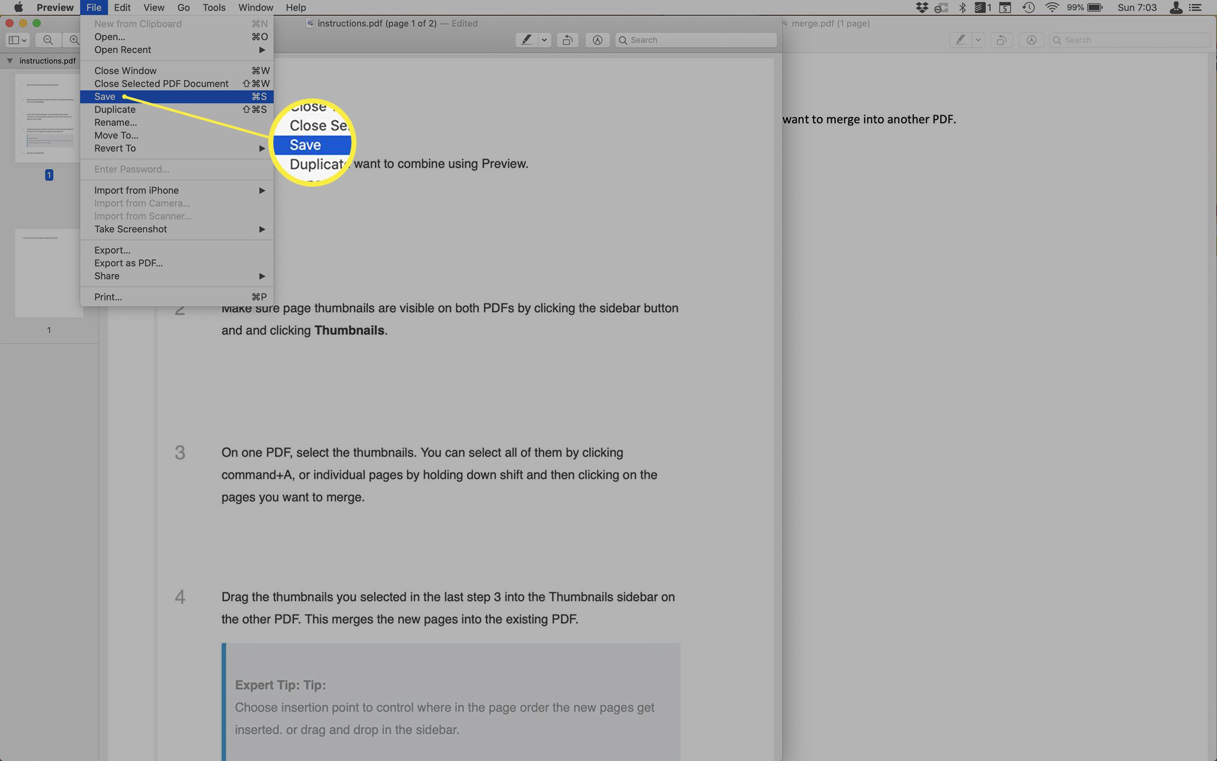 Screenshot van het opslaan van een samengevoegde PDF in Voorvertoning.