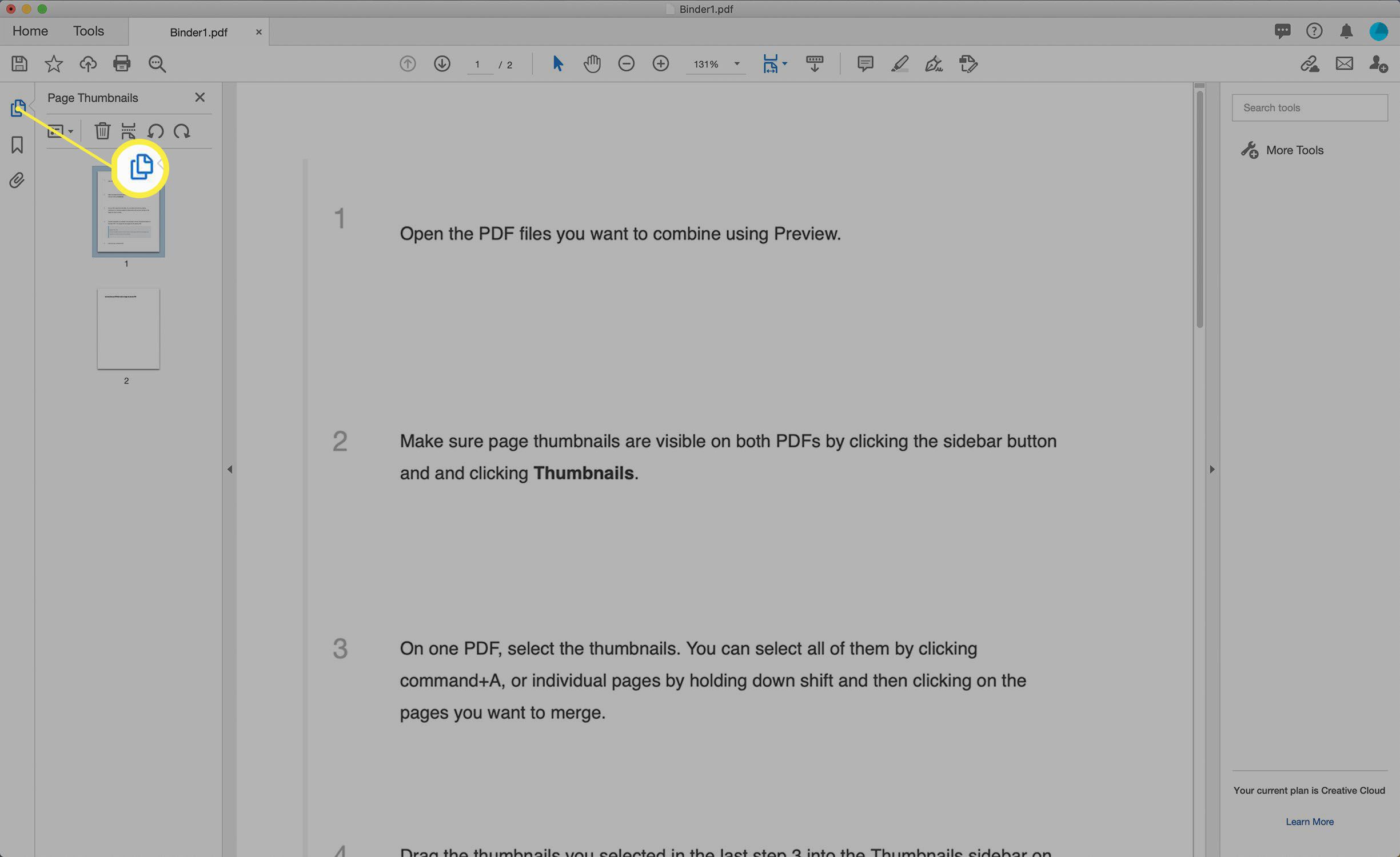 Schermafbeelding van de weergave Paginaminiaturen van een PDF in Adobe Acrobat.