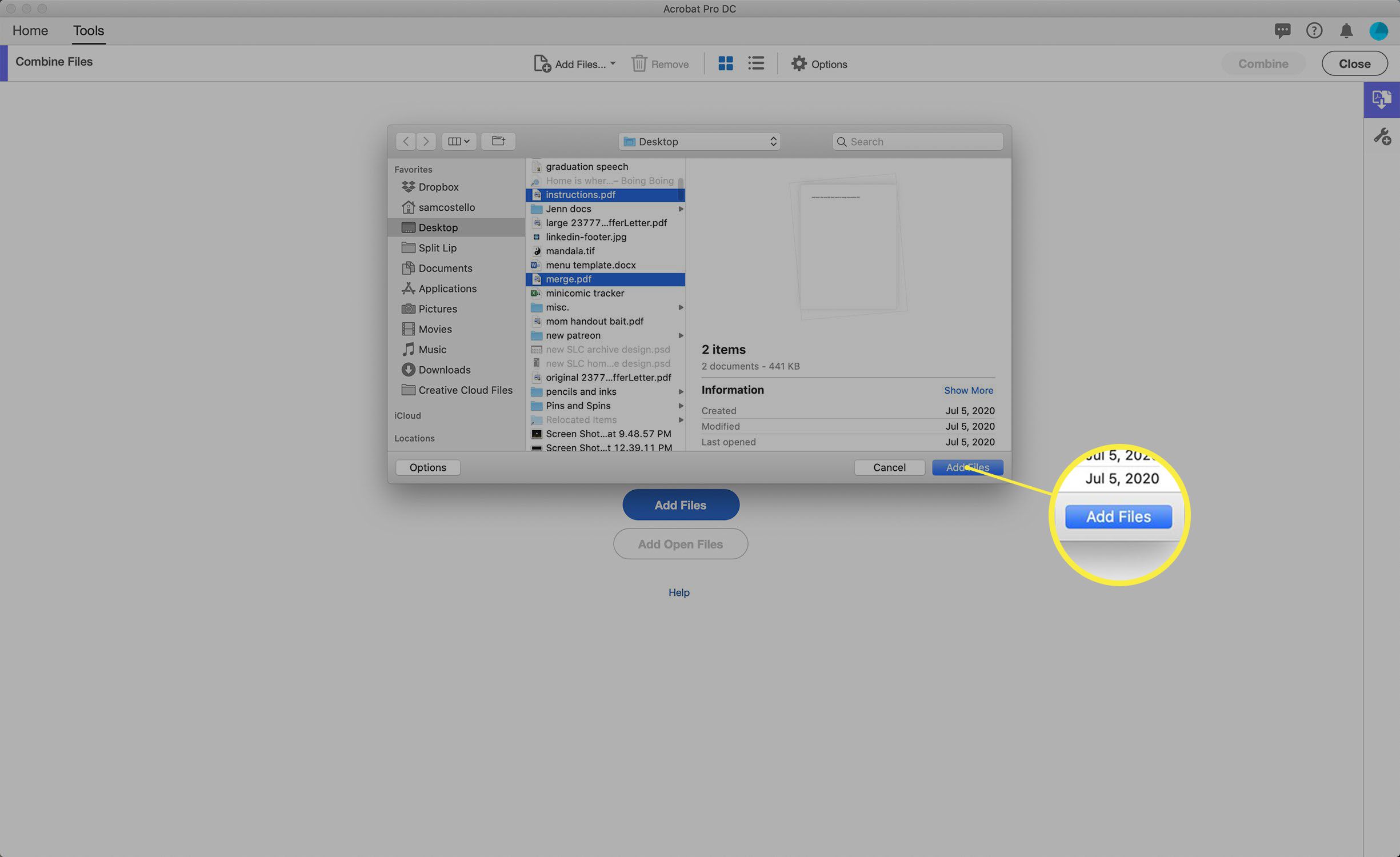 Screenshot van het combineren van PDF's in Adobe Acrobat.