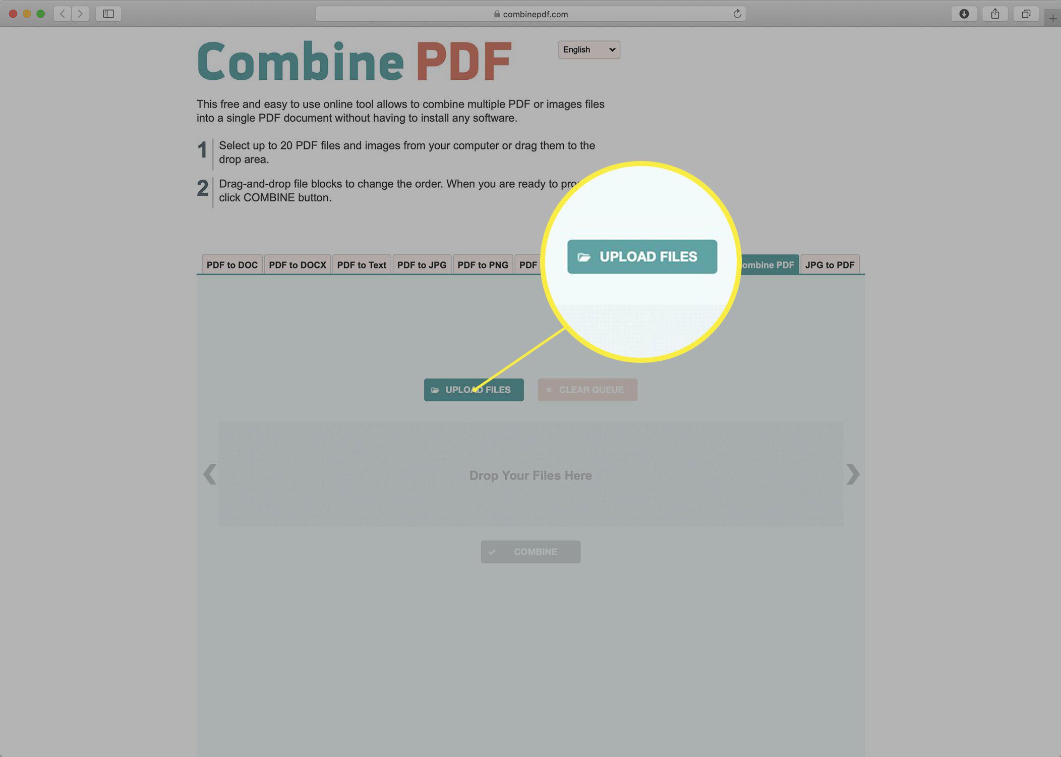 Screenshot van de Combine PDF-website.