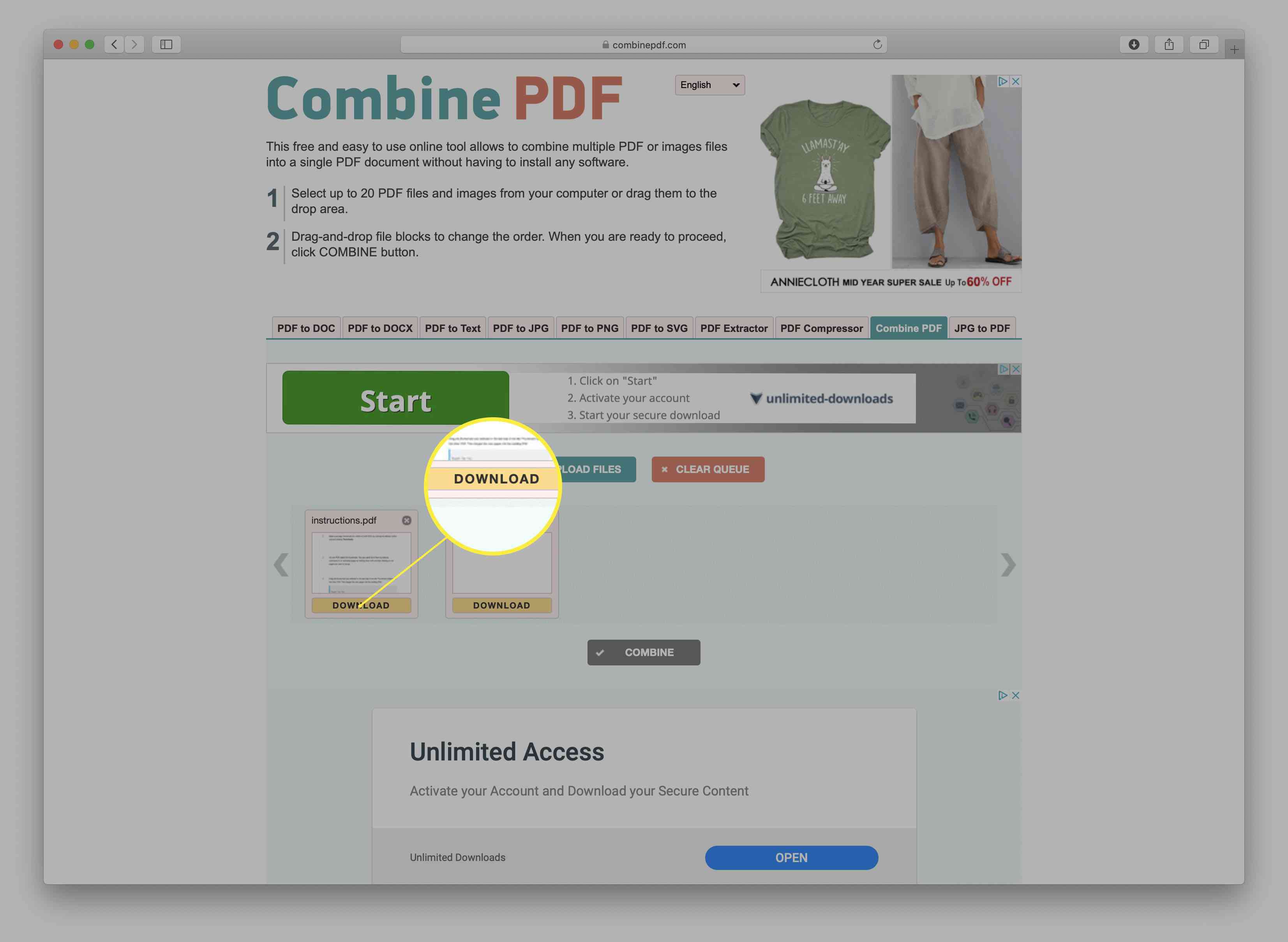 Een screenshot van de samengevoegde PDF's is klaar om te downloaden op de CombinePDF-site.