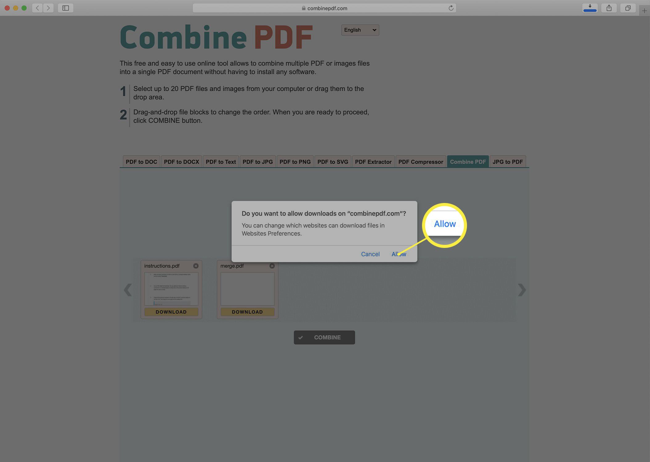 Screenshot downloaden van een samengevoegde PDF van de Combine PDF-website.