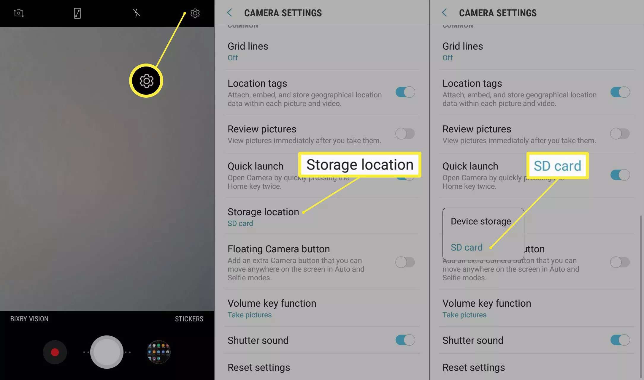 Instellingen versnelling, opslaglocatie en SD-kaart in de Android camera-app.