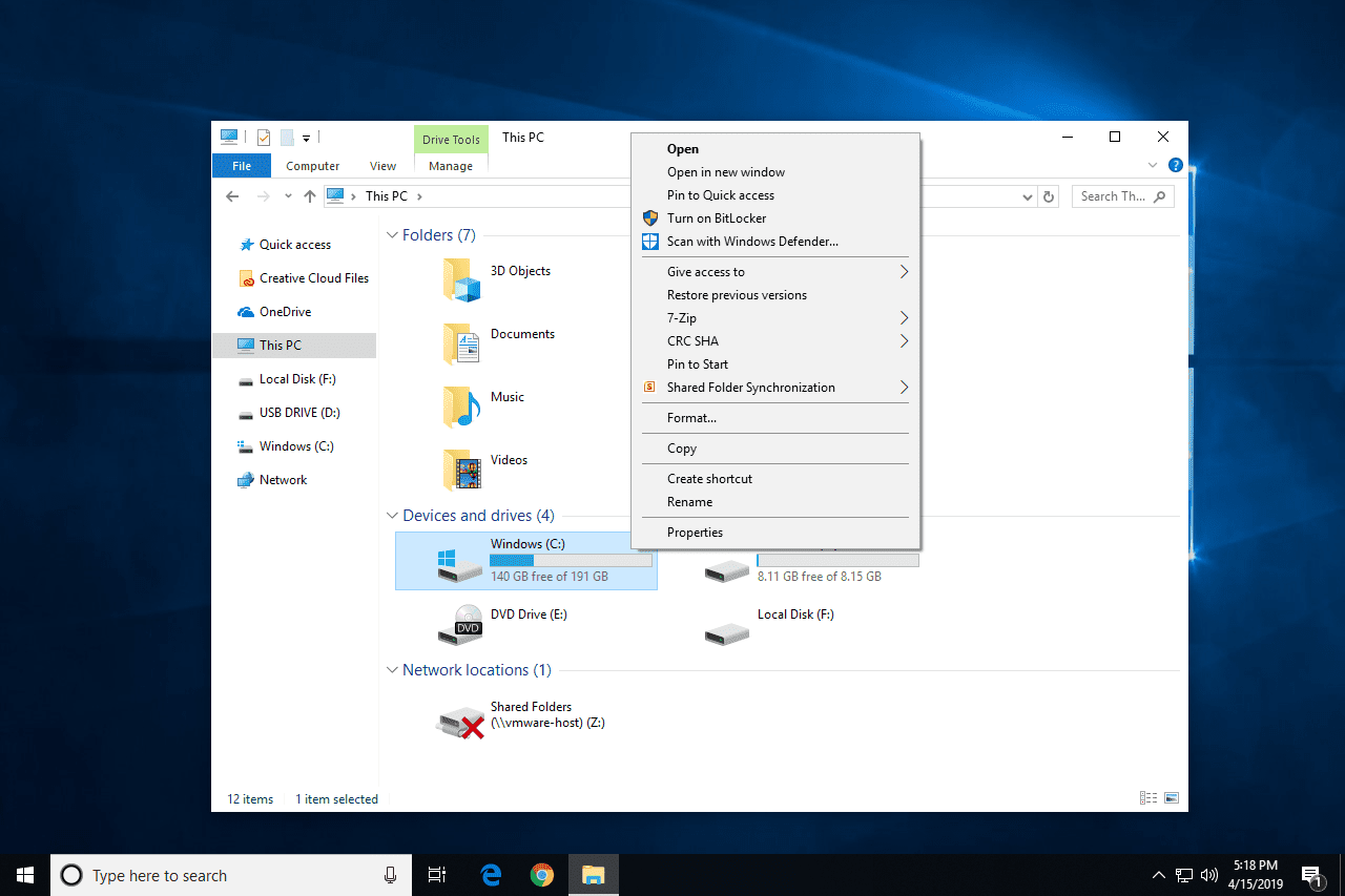 Windows 10 harde schijf menu-opties