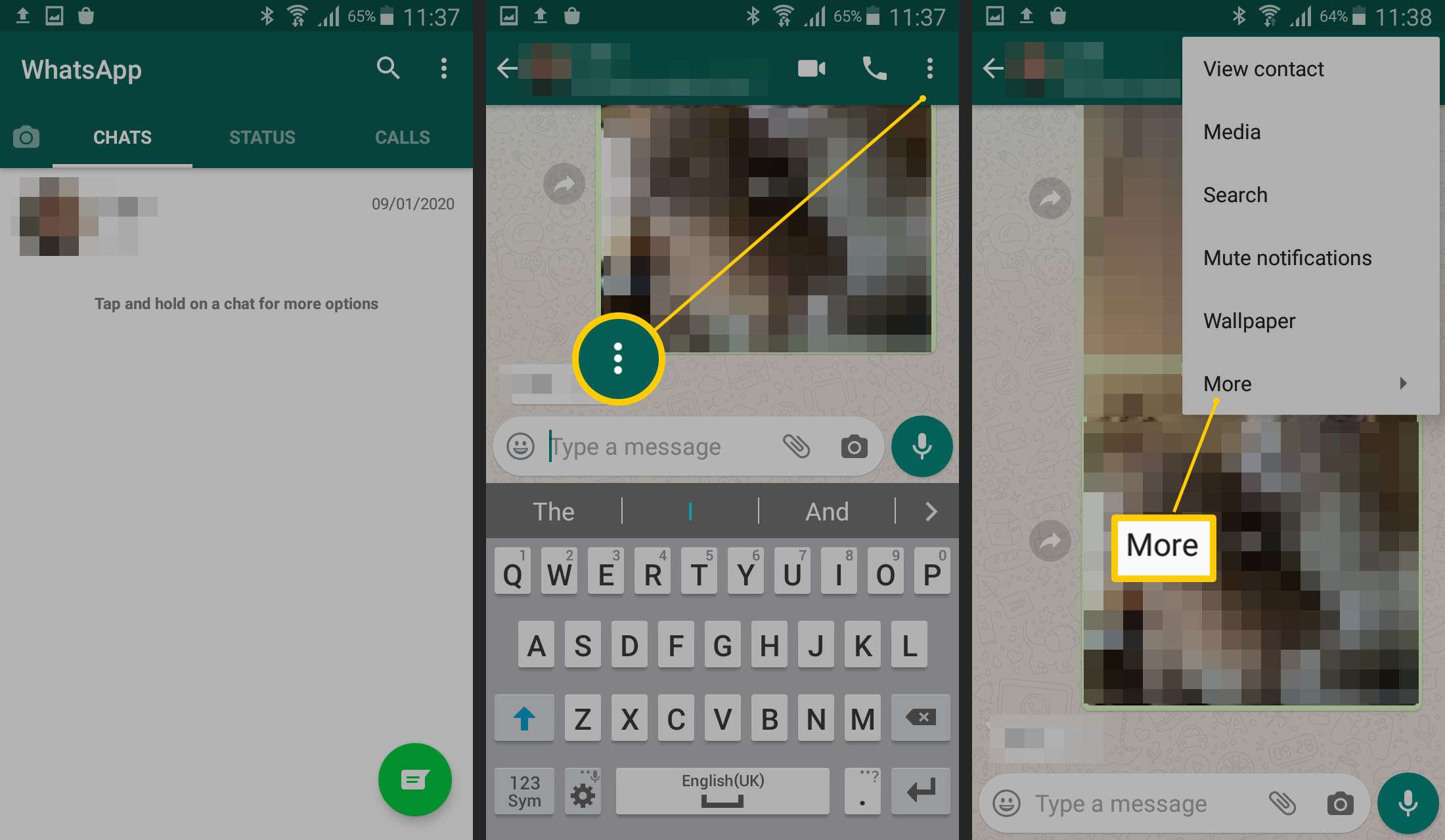WhatsApp - waar te tikken om de meer instellingen in een gespreksvenster te openen