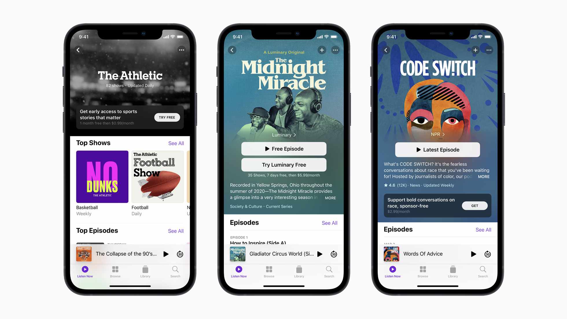 Mobiele screenshots van de nieuwe Apple Podcasts Subscription-app.