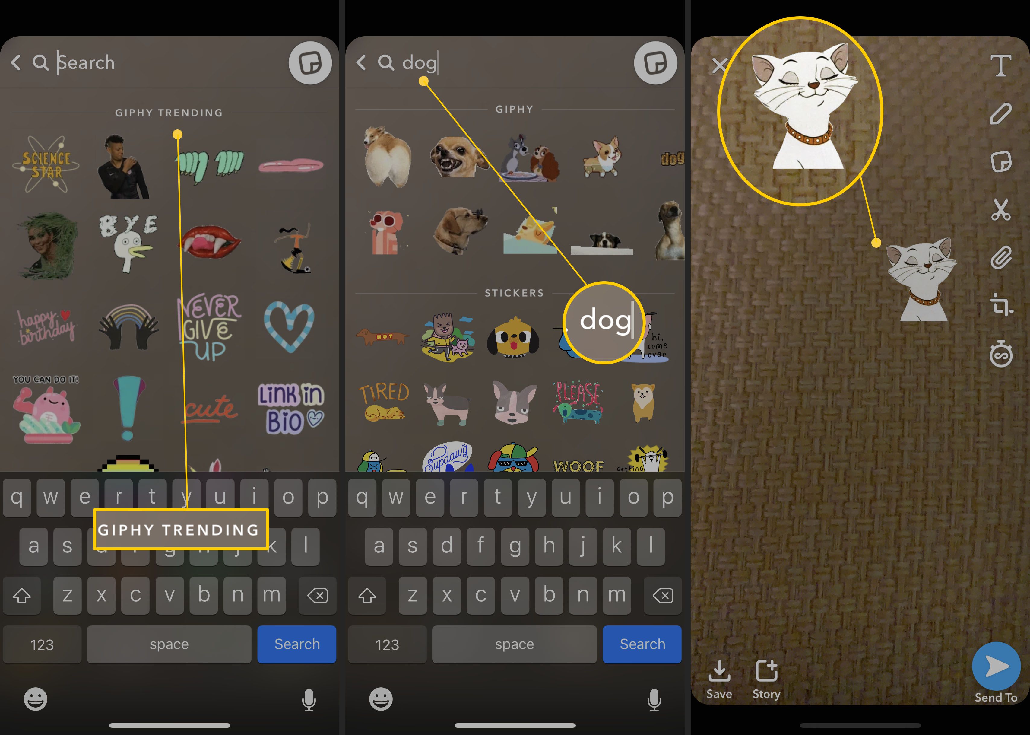 Stappen voor het vinden van GIF's via de GIF-interface van Snapchat