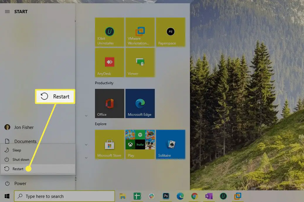 Windows 10 herstartoptie vanuit het startmenu.