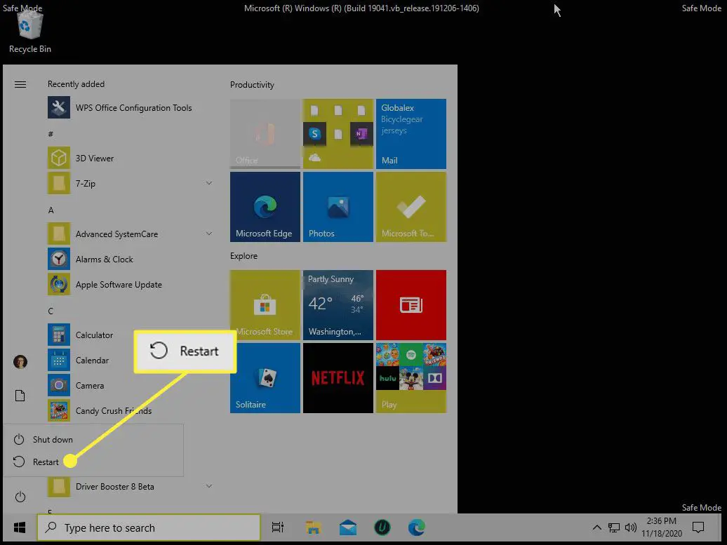 Windows 10 startmenu in veilige modus.