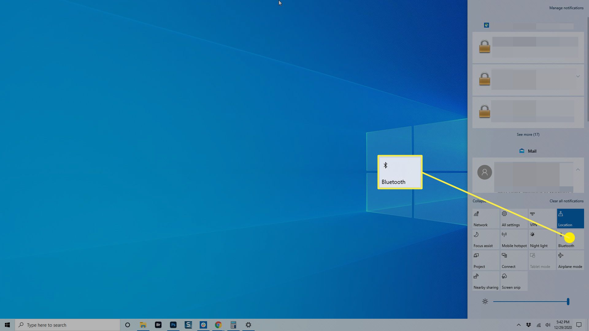 De Bluetooth-optie in het Windows Action Center.