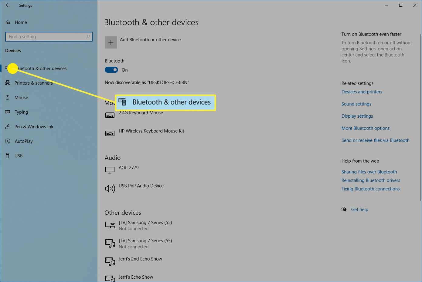 De Bluetooth en andere apparaten in Windows 10.