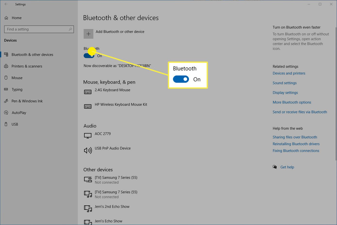 De Bluetooth-schakelaar in Windows 10. 