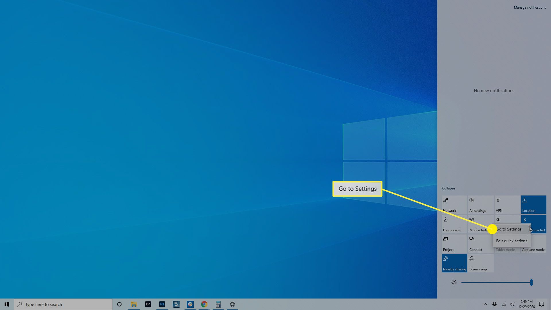 De optie Instellingen op de Bluetooth-kaart in het Windows Action Center.