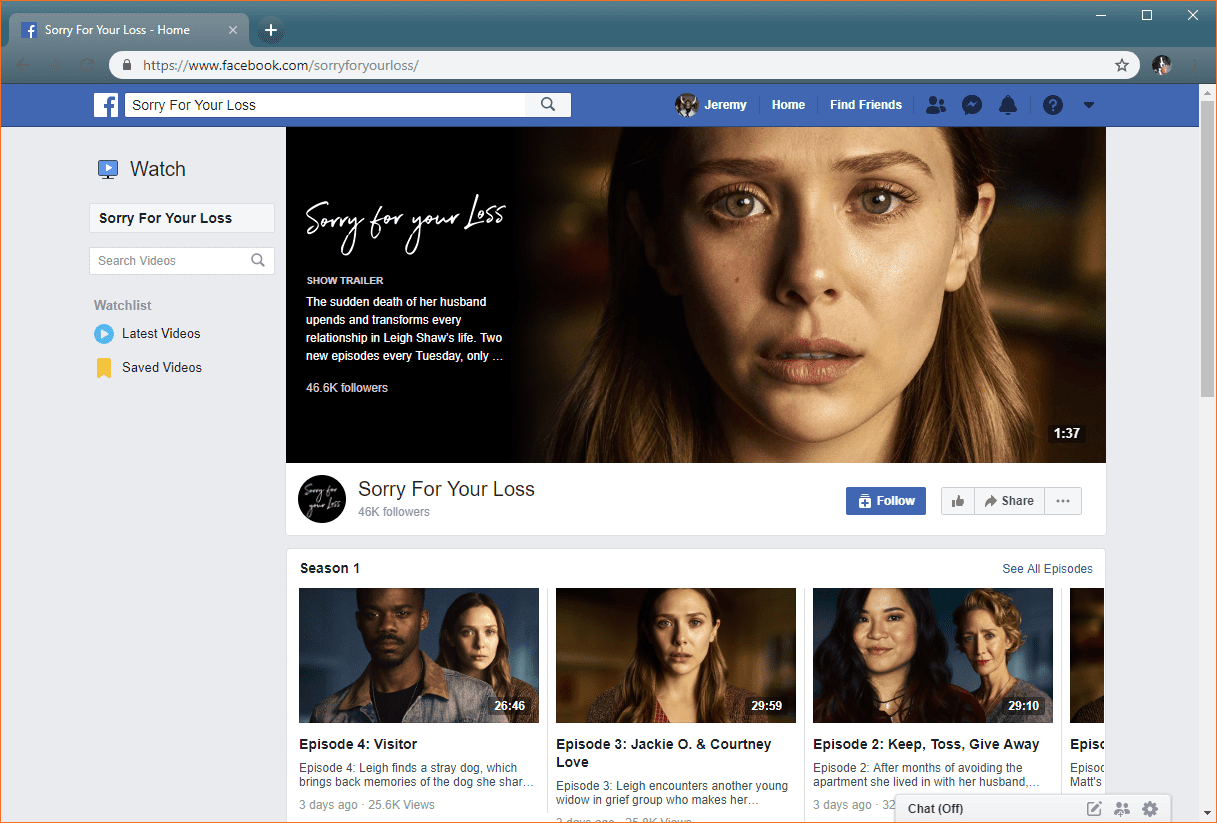 De Facebook Watch-showpagina voor Sorry voor uw verlies.